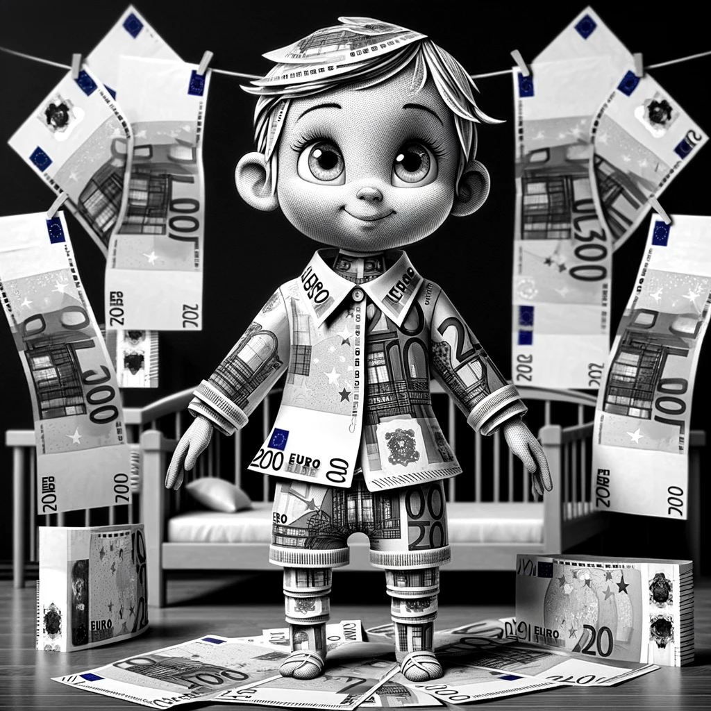 Image représentant un enfant habillé avec des billets de 200€. Image représentant un enfant habillé avec des billets de 200€.