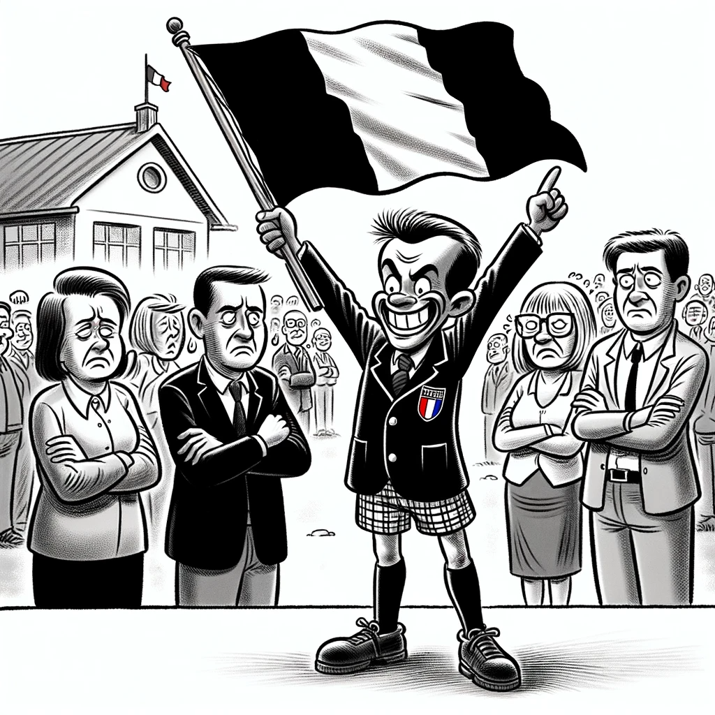 Image représentant un politicien en uniforme d'écolier anglais brandissant un drapeau tricolore Français devant un parterre de parents d'élèves visiblement dépités. Image représentant un politicien en uniforme d'écolier anglais brandissant un drapeau tricolore Français devant un parterre de parents d'élèves visiblement dépités.