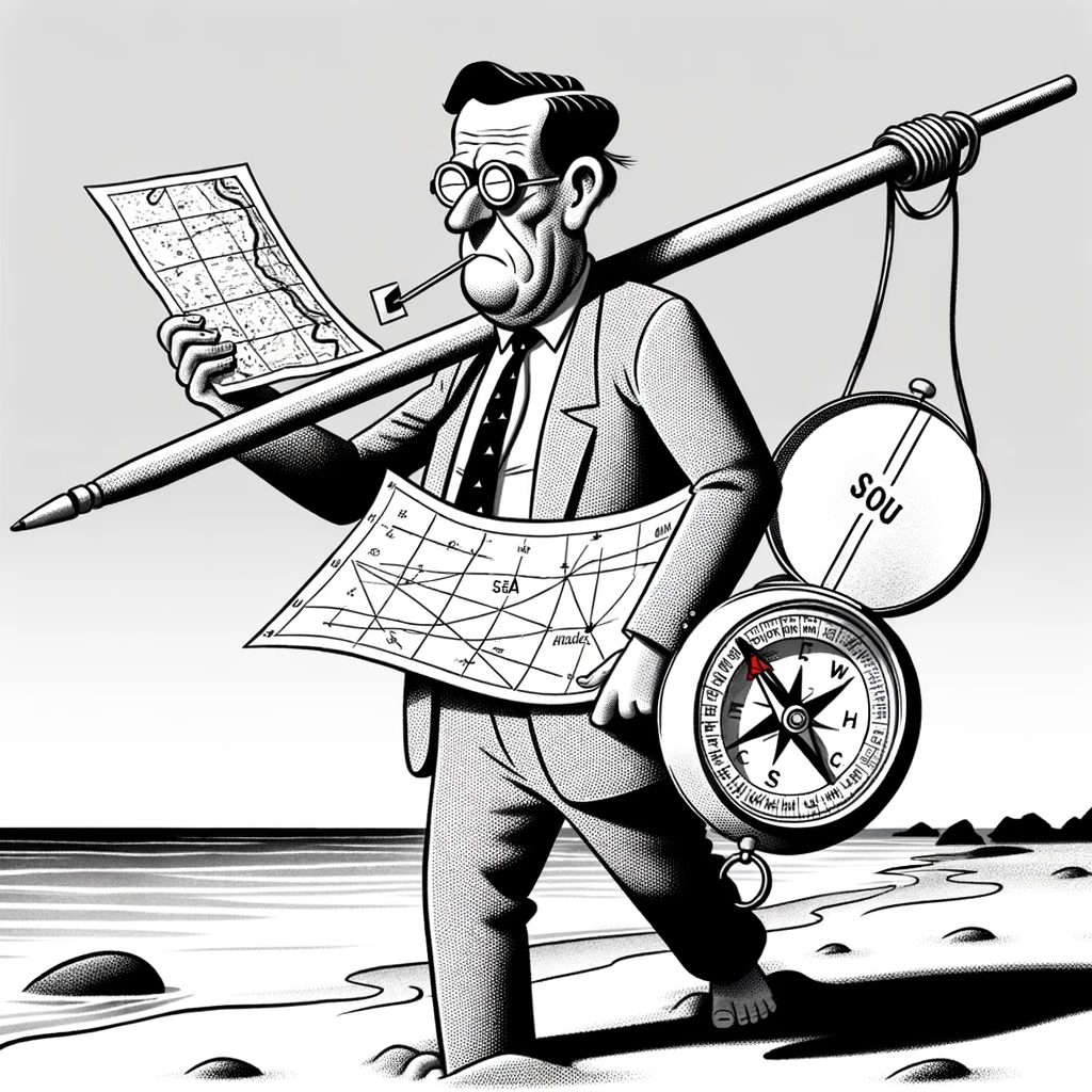 Image représentant un politicien cherchant un trésor avec une carte représentant des graphique de sondage, sur une plage, en utilisant une boussole indiquant des directions aléatoires. Image représentant un politicien cherchant un trésor avec une carte représentant des graphique de sondage, sur une plage, en utilisant une boussole indiquant des directions aléatoires.