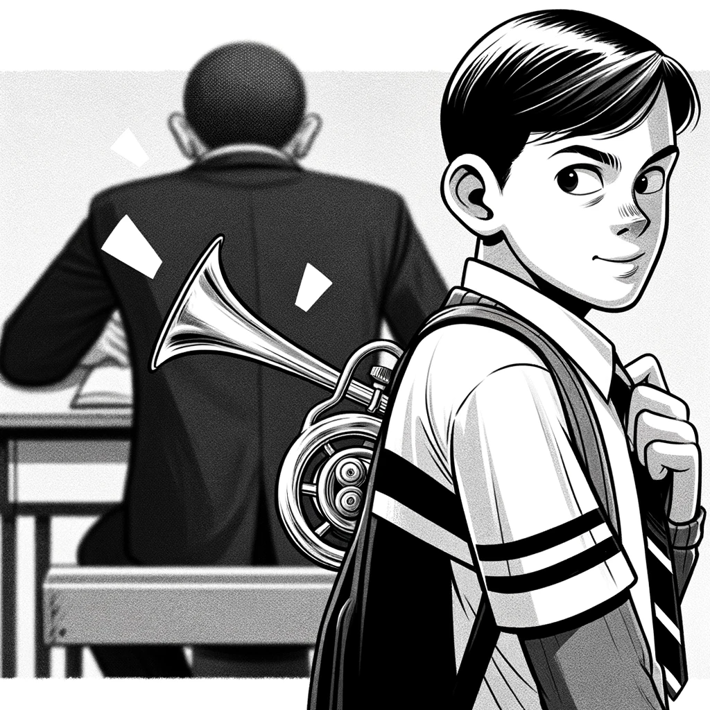 Image représentant un étudiant visiblement sérieux mais prêt à faire une plaisanterie à l'aide d'une trompette. Image représentant un étudiant visiblement sérieux mais prêt à faire une plaisanterie à l'aide d'une trompette.
