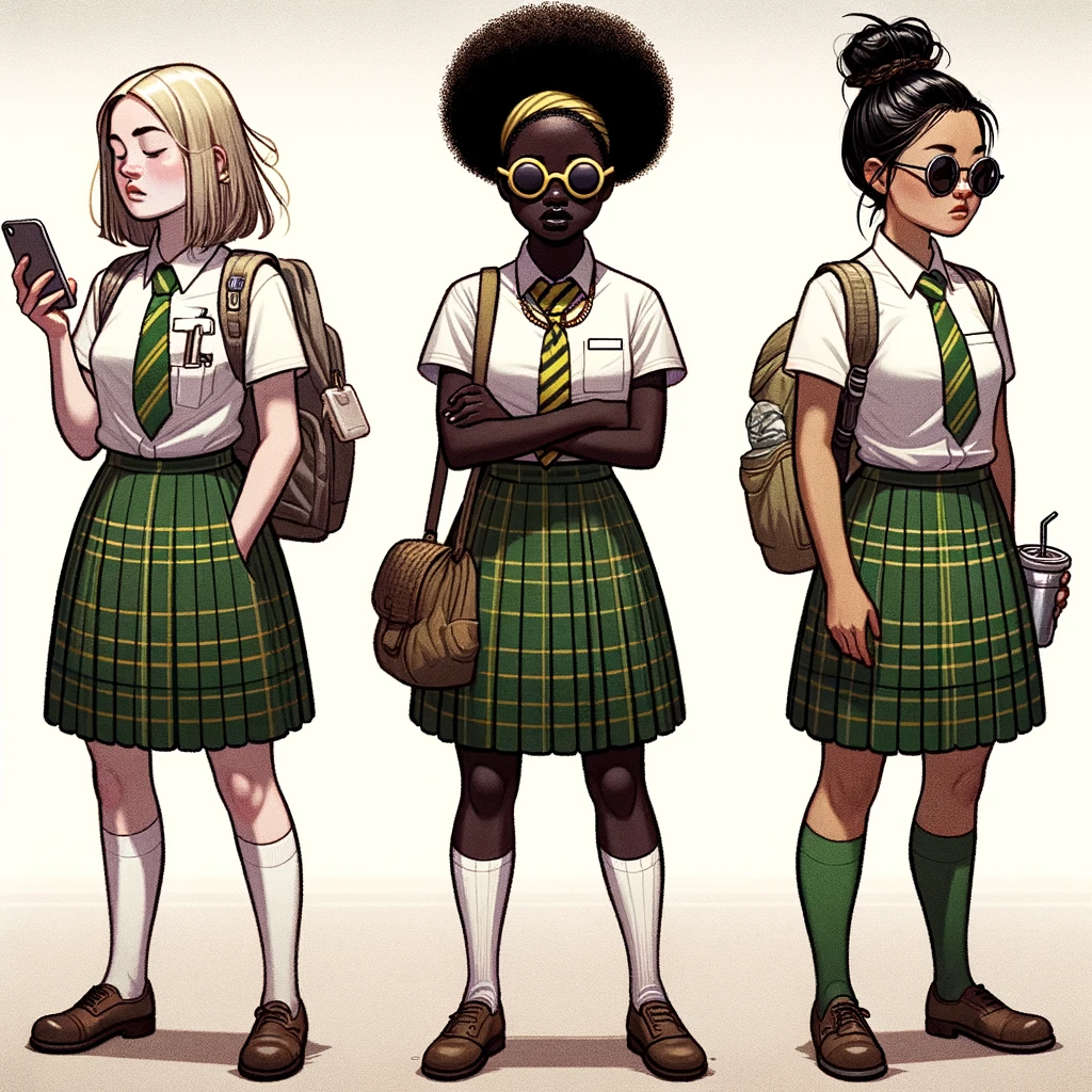 Image représentant trois étudiantes. Les 3 sont d'origine sociale différentes visible grâce à des lunettes de soleil de luxe ou des téléphones portables et ce malgré qu'elle portent le même uniforme. Image représentant trois étudiantes. Les 3 sont d'origine sociale différentes visible grâce à des lunettes de soleil de luxe ou des téléphones portables et ce malgré qu'elle portent le même uniforme.