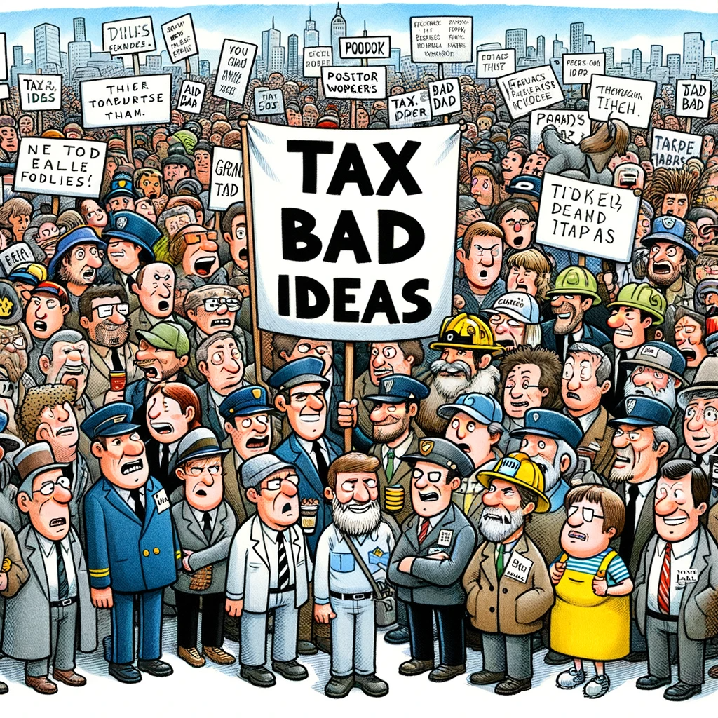 Image représentant une foule très hétéroclite réunissant toute les professions manifestant pour la création d'une taxe sur les mauvaises idées. Image représentant une foule très hétéroclite réunissant toute les professions manifestant pour la création d'une taxe sur les mauvaises idées.