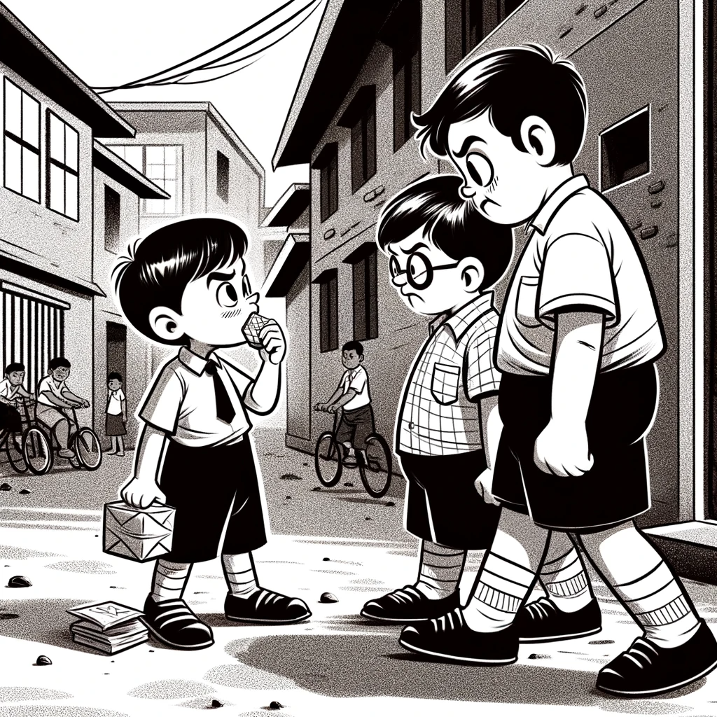 Image représentant un enfant en uniforme se faisant racketter son goûter sur le chemin de l'école. Image représentant un enfant en uniforme se faisant racketter son goûter sur le chemin de l'école.
