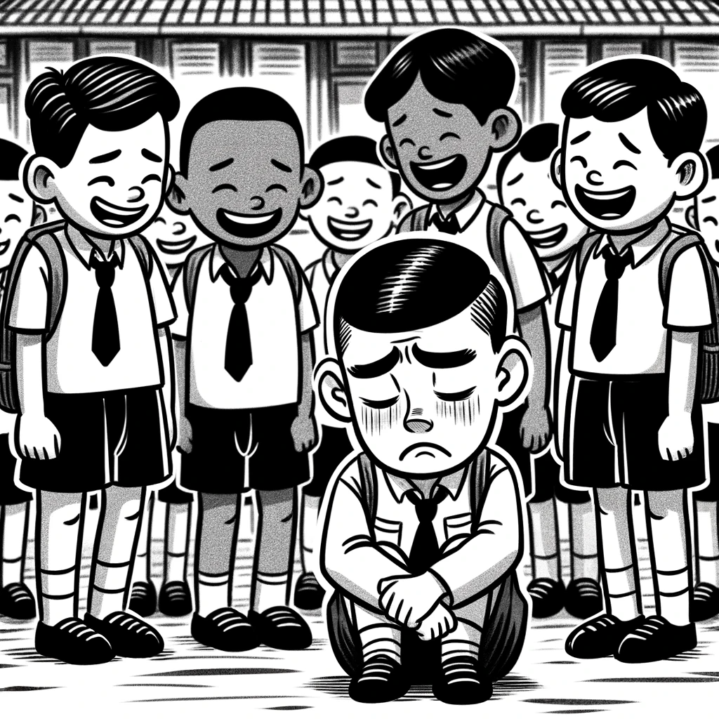 Image représentant un enfant se faisant moquer par un groupe d'enfants à cause de son accent. Image représentant un enfant se faisant moquer par un groupe d'enfants à cause de son accent.