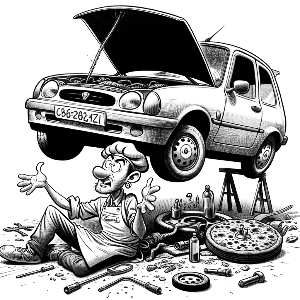 Image représentant un pizzaiolo en difficulté pour réparer une voiture. Image représentant un pizzaiolo en difficulté pour réparer une voiture.