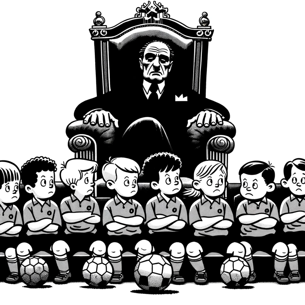 Image représentant un le parrain sur son fauteuil devant un pareterre d'élèves en maillot de foot, avec des ballons au pieds. Image représentant un le parrain sur son fauteuil devant un pareterre d'élèves en maillot de foot, avec des ballons au pieds.